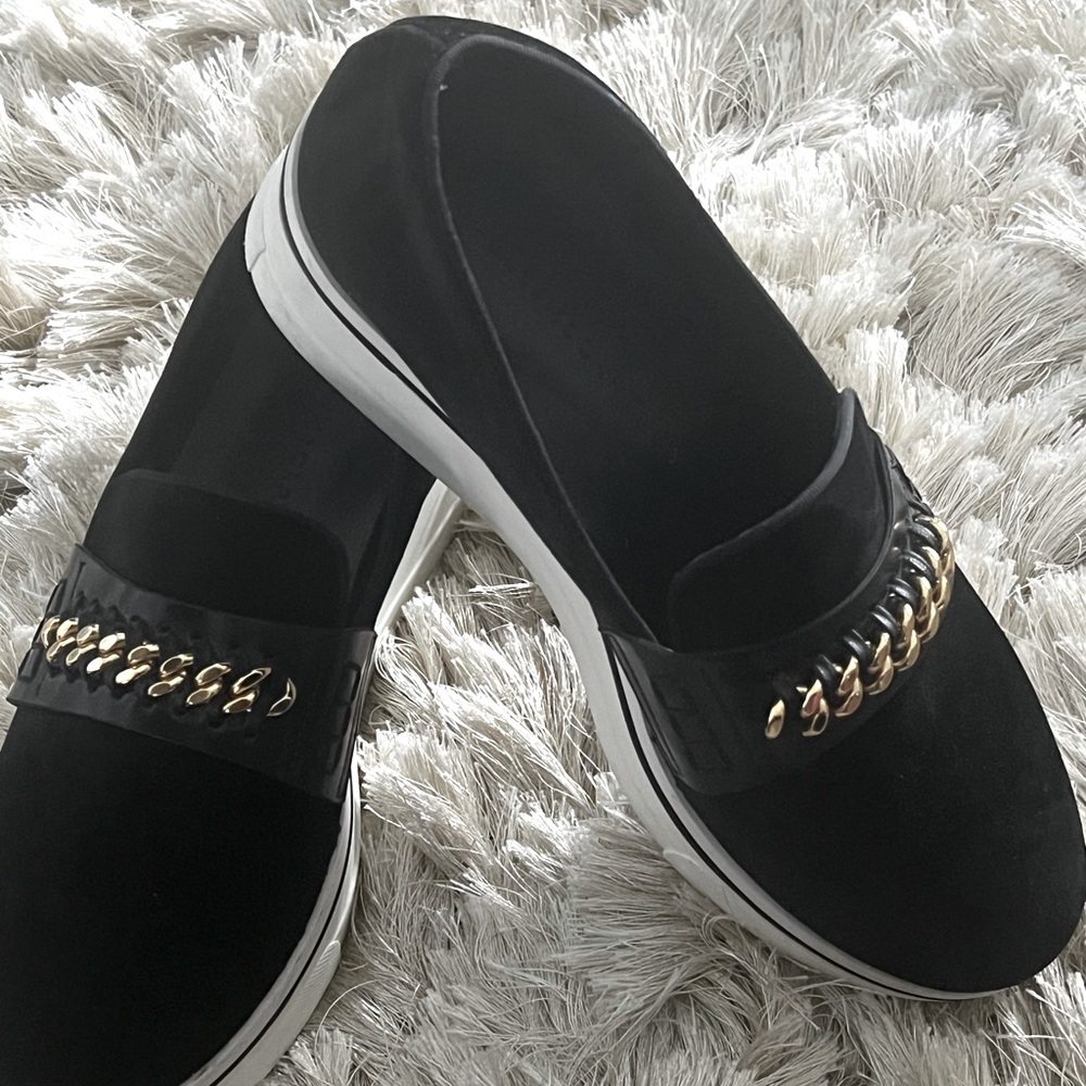Stella McCartney black velvet platform loafers with gold Cuban link accent